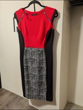 Enfocus Studio Red, Black & Gray Colorblock Midi Sheath Dress